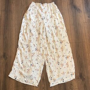 American Eagle Cream Elastic-Waist Pants with Orange & Navy Floral Accents